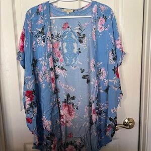 Kori Country Coastal Blue pink Floral Kimono Top Lace large